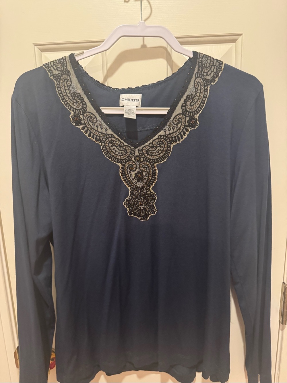 Chico's Navy Long-Sleeve V-Neck Top with Embroidered Lace Trim